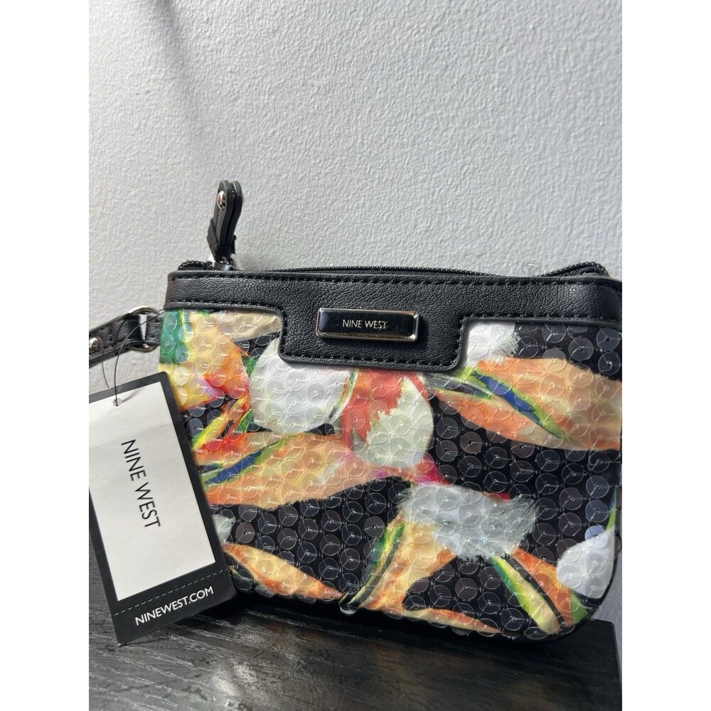 Nine West Tropical Flower Sequined Wristlet Coin Purse Clutch NWT